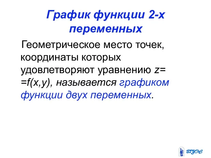 График функции 2-х переменных Геометрическое место точек, координаты которых удовлетворяют уравнению