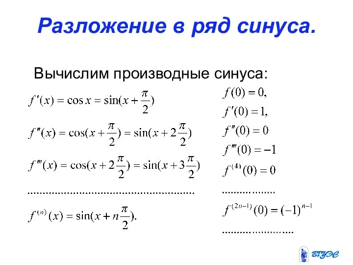 Разложение в ряд синуса. Вычислим производные синуса: