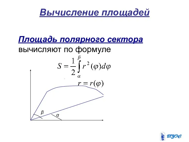 Вычисление площадей Площадь полярного сектора вычисляют по формуле . α β