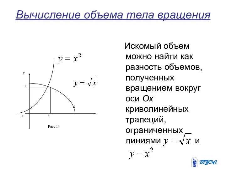 Вычисление объема тела вращения Искомый объем можно найти как разность объемов,