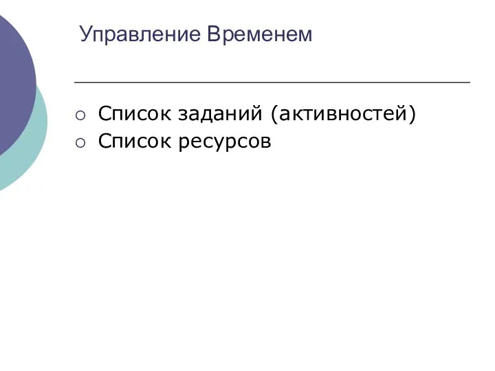 Управление Временем Список заданий (активностей) Список ресурсов