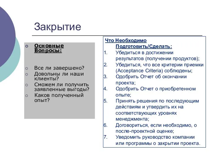 Закрытие Основные Вопросы: Все ли завершено? Довольны ли наши клиенты? Сможем