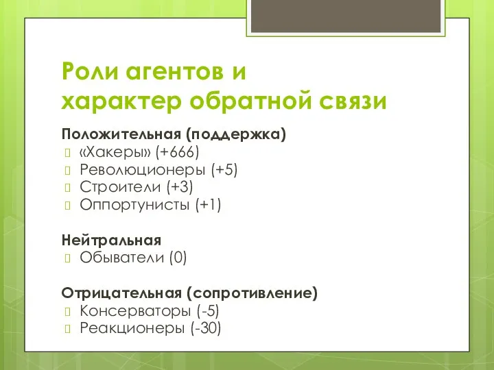 Роли агентов и характер обратной связи Положительная (поддержка) «Хакеры» (+666) Революционеры