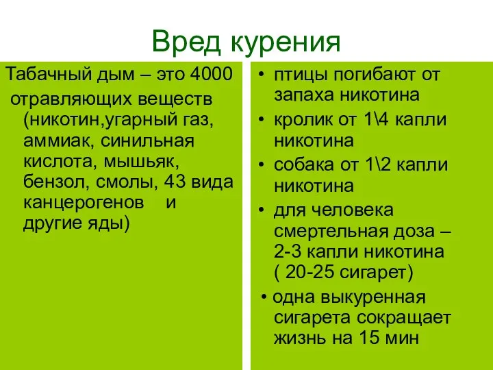 Вред курения Табачный дым – это 4000 отравляющих веществ (никотин,угарный газ,