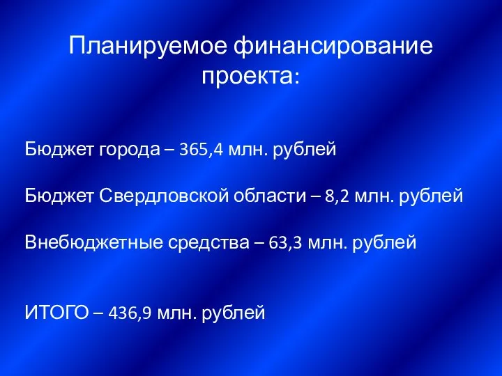 Планируемое финансирование проекта: Бюджет города – 365,4 млн. рублей Бюджет Свердловской
