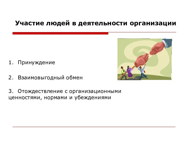 Участие людей в деятельности организации 1. Принуждение 2. Взаимовыгодный обмен 3.