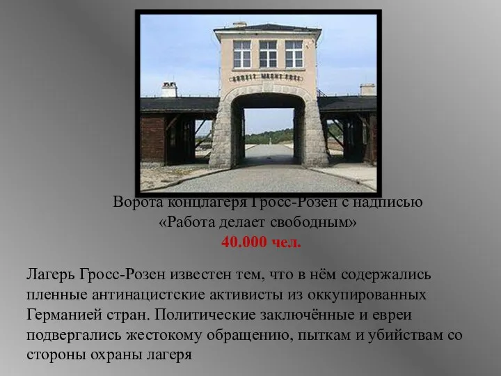 Ворота концлагеря Гросс-Розен с надписью «Работа делает свободным» 40.000 чел. Лагерь
