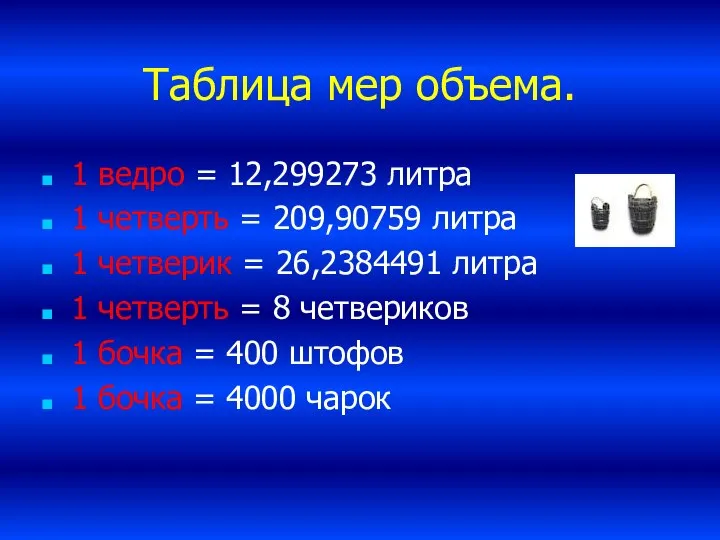 Таблица мер объема. 1 ведро = 12,299273 литра 1 четверть =