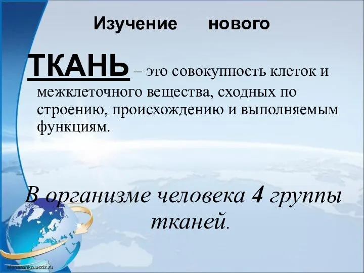 Изучение нового ТКАНЬ – это совокупность клеток и межклеточного вещества, сходных