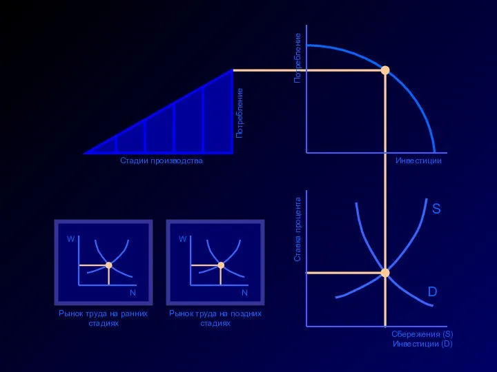 S D Инвестиции Потребление Ставка процента Сбережения (S) Инвестиции (D) Стадии
