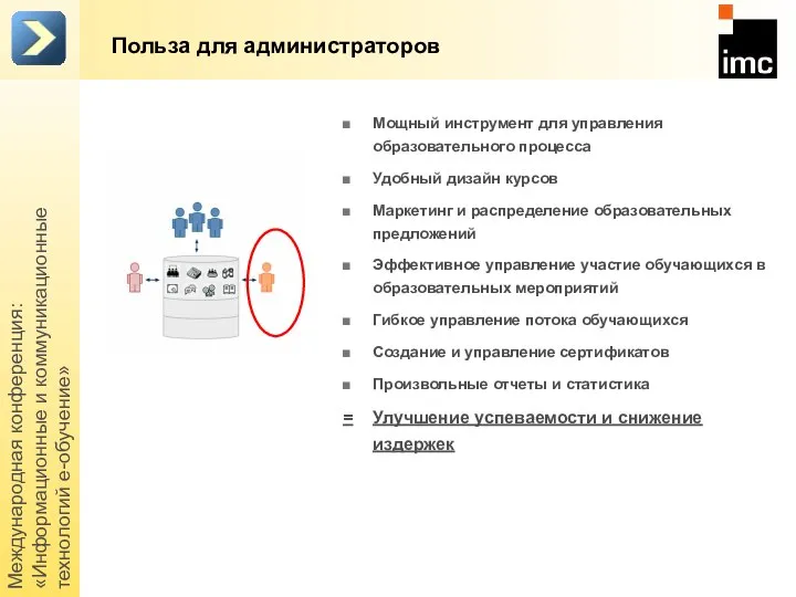 Международная конференция: «Информационные и коммуникационные технологий е-обучение» Польза для администраторов Мощный