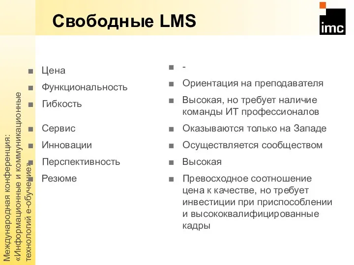 Международная конференция: «Информационные и коммуникационные технологий е-обучение» Свободные LMS Цена Функциональность