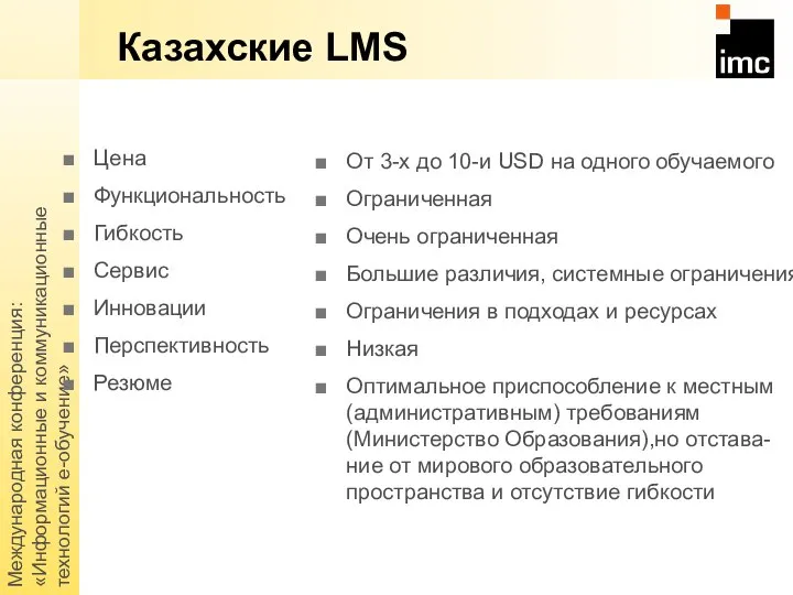 Международная конференция: «Информационные и коммуникационные технологий е-обучение» Казахские LMS Цена Функциональность