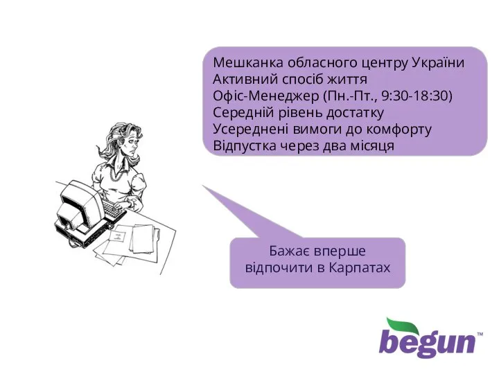 Турист Мешканка обласного центру України Активний спосіб життя Офіс-Менеджер (Пн.-Пт., 9:30-18:30)