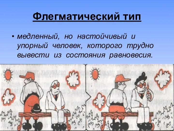 Флегматический тип медленный, но настойчивый и упорный человек, которого трудно вывести из состояния равновесия.