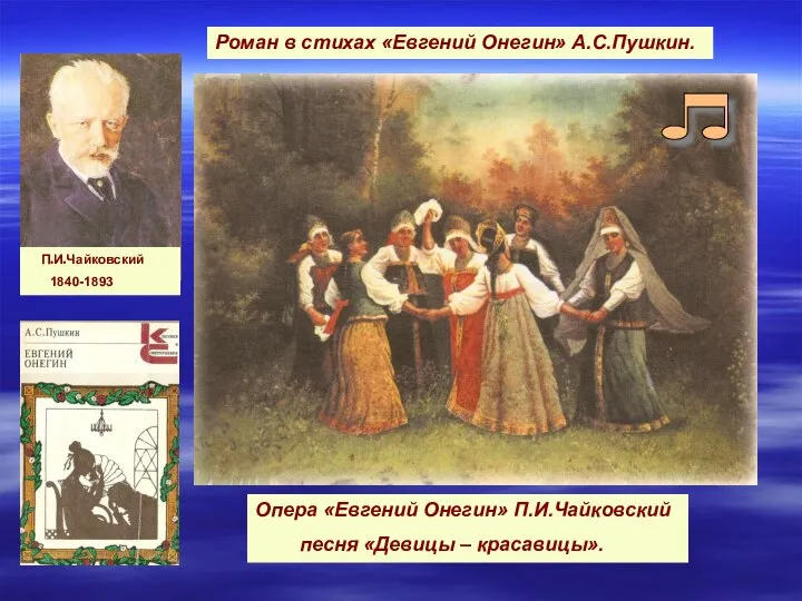 П.И.Чайковский 1840-1893 Роман в стихах «Евгений Онегин» А.С.Пушкин. Опера «Евгений Онегин» П.И.Чайковский песня «Девицы – красавицы».