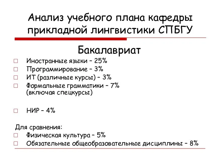 Анализ учебного плана кафедры прикладной лингвистики СПБГУ Иностранные языки – 25%