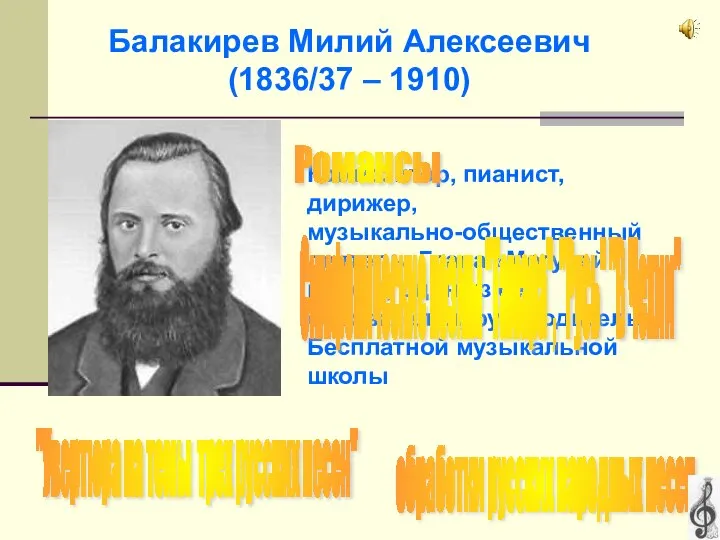 Балакирев Милий Алексеевич (1836/37 – 1910) Композитор, пианист, дирижер, музыкально-общественный деятель.