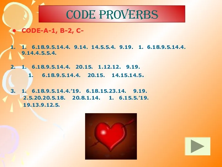 Code proverbs CODE-A-1, B-2, C- 1. 6.18.9.5.14.4. 9.14. 14.5.5.4. 9.19. 1.