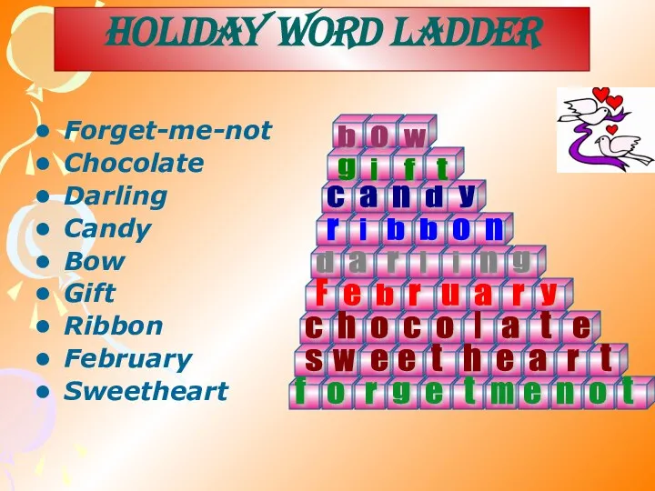 Holiday word ladder Forget-me-not Chocolate Darling Candy Bow Gift Ribbon February