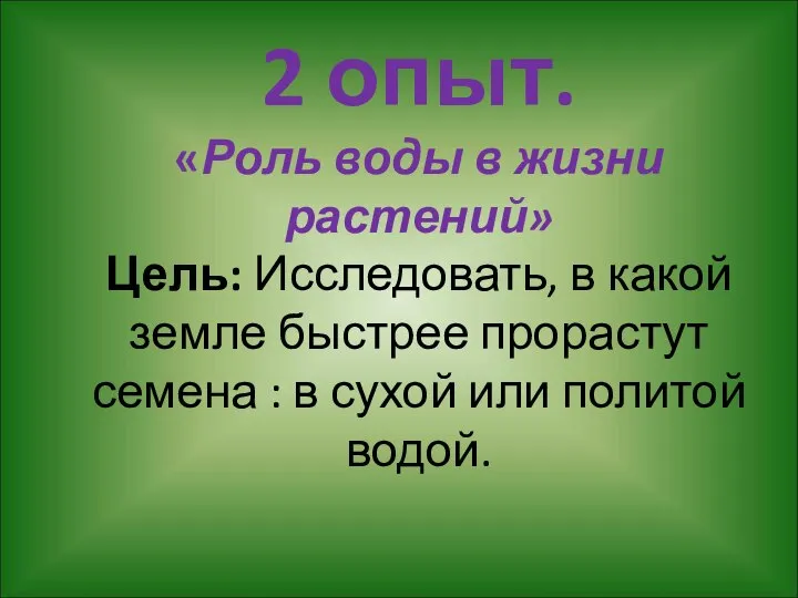 2 опыт. «Роль воды в жизни растений» Цель: Исследовать, в какой