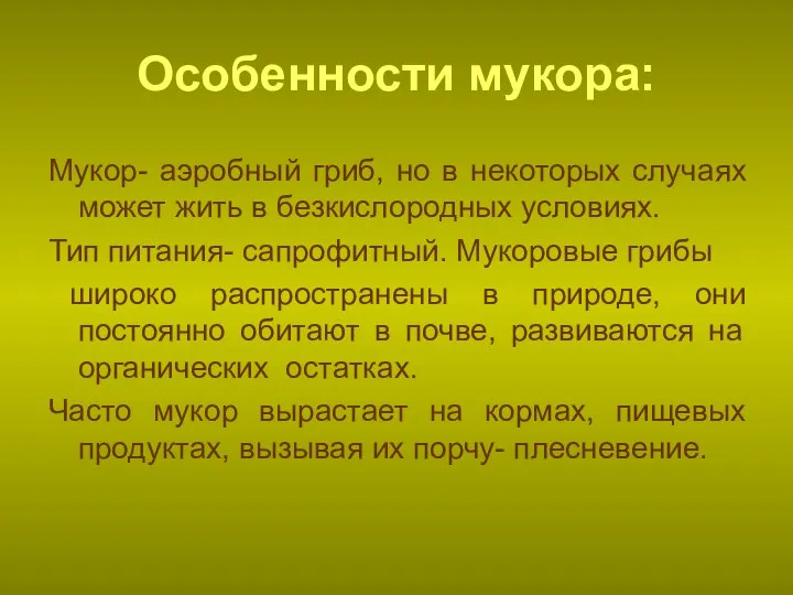 Особенности мукора: Мукор- аэробный гриб, но в некоторых случаях может жить