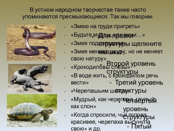 В устном народном творчестве также часто упоминаются пресмыкающиеся. Так мы говорим: