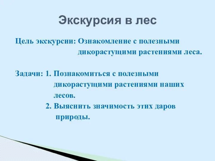 Цель экскурсии: Ознакомление с полезными дикорастущими растениями леса. Задачи: 1. Познакомиться