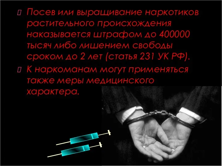 Посев или выращивание наркотиков растительного происхождения наказывается штрафом до 400000 тысяч