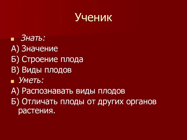 Ученик Знать: А) Значение Б) Строение плода В) Виды плодов Уметь: