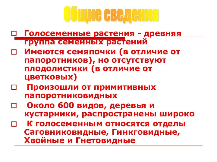 Голосеменные растения - древняя группа семенных растений Имеются семяпочки (в отличие