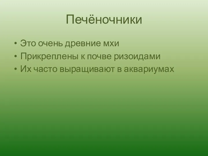 Печёночники Это очень древние мхи Прикреплены к почве ризоидами Их часто выращивают в аквариумах