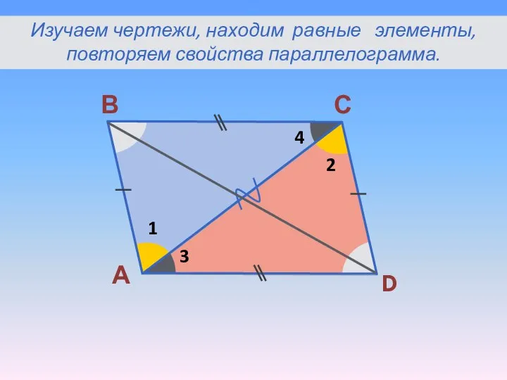 А В С D 1 2 3 4 Изучаем чертежи, находим равные элементы, повторяем свойства параллелограмма.