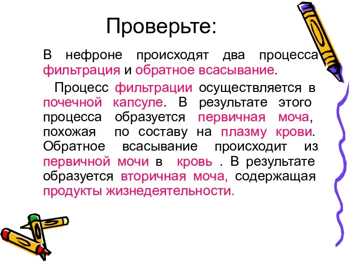 Проверьте: В нефроне происходят два процесса фильтрация и обратное всасывание. Процесс