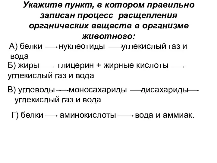 Укажите пункт, в котором правильно записан процесс расщепления органических веществ в