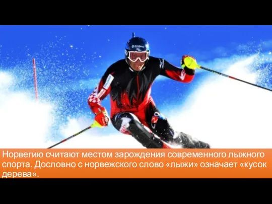 Норвегию считают местом зарождения современного лыжного спорта. Дословно с норвежского слово «лыжи» означает «кусок дерева».