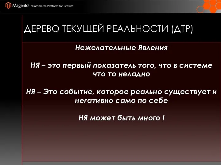 ДЕРЕВО ТЕКУЩЕЙ РЕАЛЬНОСТИ (ДТР) Нежелательные Явления НЯ – это первый показатель