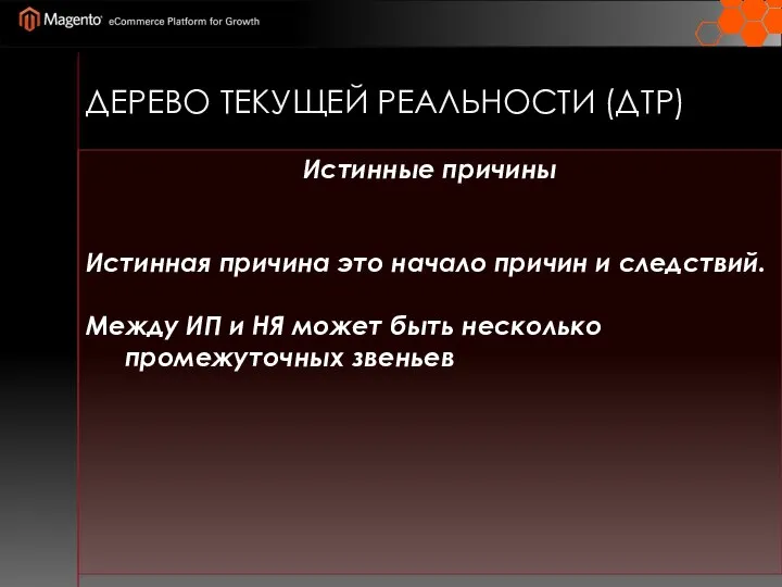 ДЕРЕВО ТЕКУЩЕЙ РЕАЛЬНОСТИ (ДТР) Истинные причины Истинная причина это начало причин