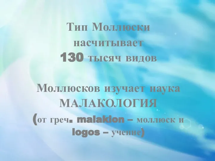 Тип Моллюски насчитывает 130 тысяч видов Моллюсков изучает наука МАЛАКОЛОГИЯ (от