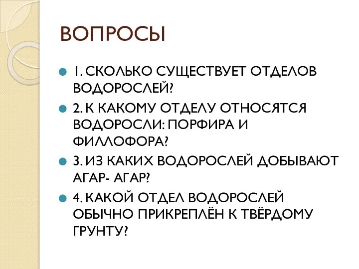 ВОПРОСЫ 1. СКОЛЬКО СУЩЕСТВУЕТ ОТДЕЛОВ ВОДОРОСЛЕЙ? 2. К КАКОМУ ОТДЕЛУ ОТНОСЯТСЯ