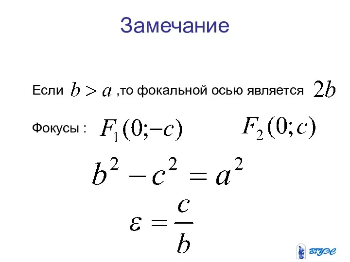 Замечание Если ,то фокальной осью является Фокусы :