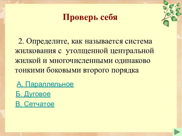 Проверь себя 2. Определите, как называется система жилкования с утолщенной центральной