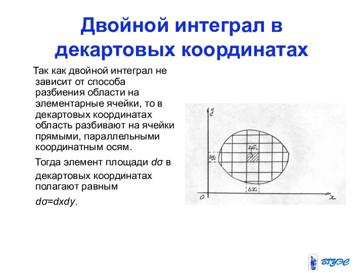 Двойной интеграл в декартовых координатах Так как двойной интеграл не зависит