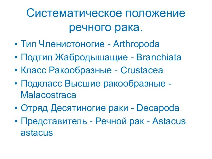 Систематическое положение речного рака. Тип Членистоногие - Arthropoda Подтип Жабродышащие -