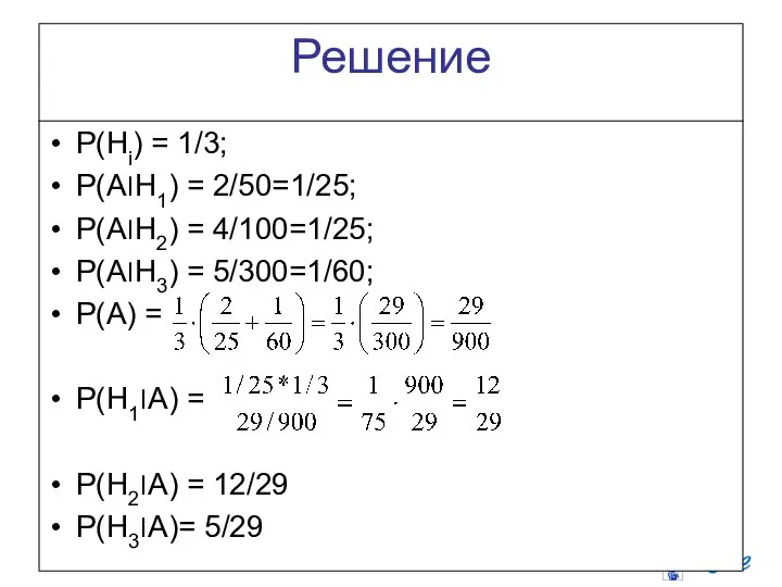 Решение P(Hi) = 1/3; P(A׀H1) = 2/50=1/25; P(A׀H2) = 4/100=1/25; P(A׀H3)