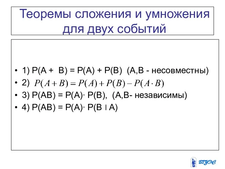 Теоремы сложения и умножения для двух событий 1) P(A + B)