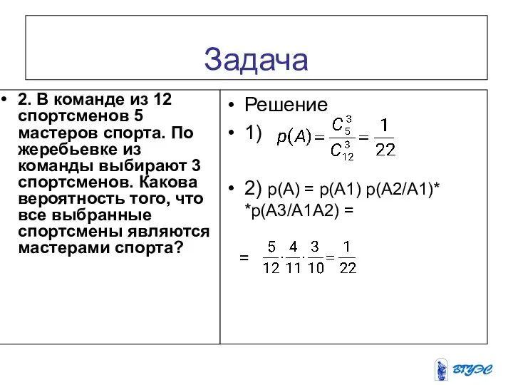 2. В команде из 12 спортсменов 5 мастеров спорта. По жеребьевке