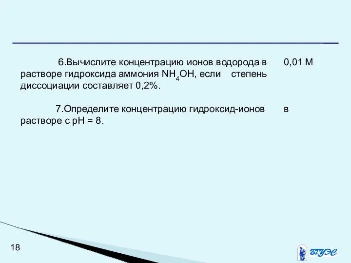 6.Вычислите концентрацию ионов водорода в 0,01 М растворе гидроксида аммония NH4OH,