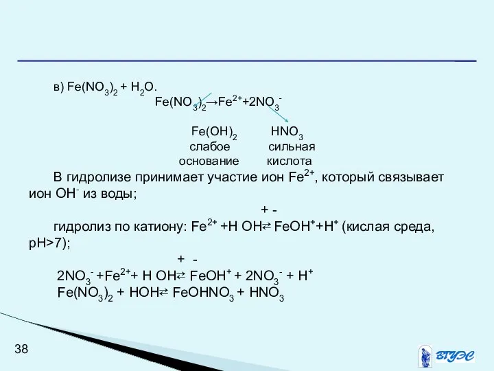 в) Fe(NO3)2 + H2O. Fe(NO3)2→Fe2++2NO3- Fe(OH)2 HNO3 слабое сильная основание кислота
