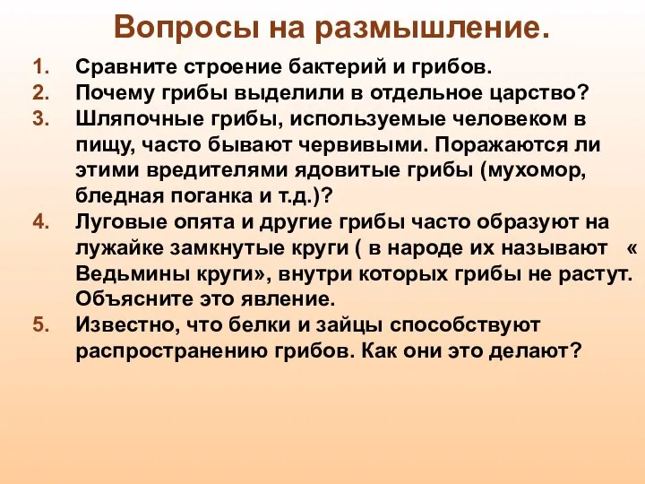 Вопросы на размышление. Сравните строение бактерий и грибов. Почему грибы выделили